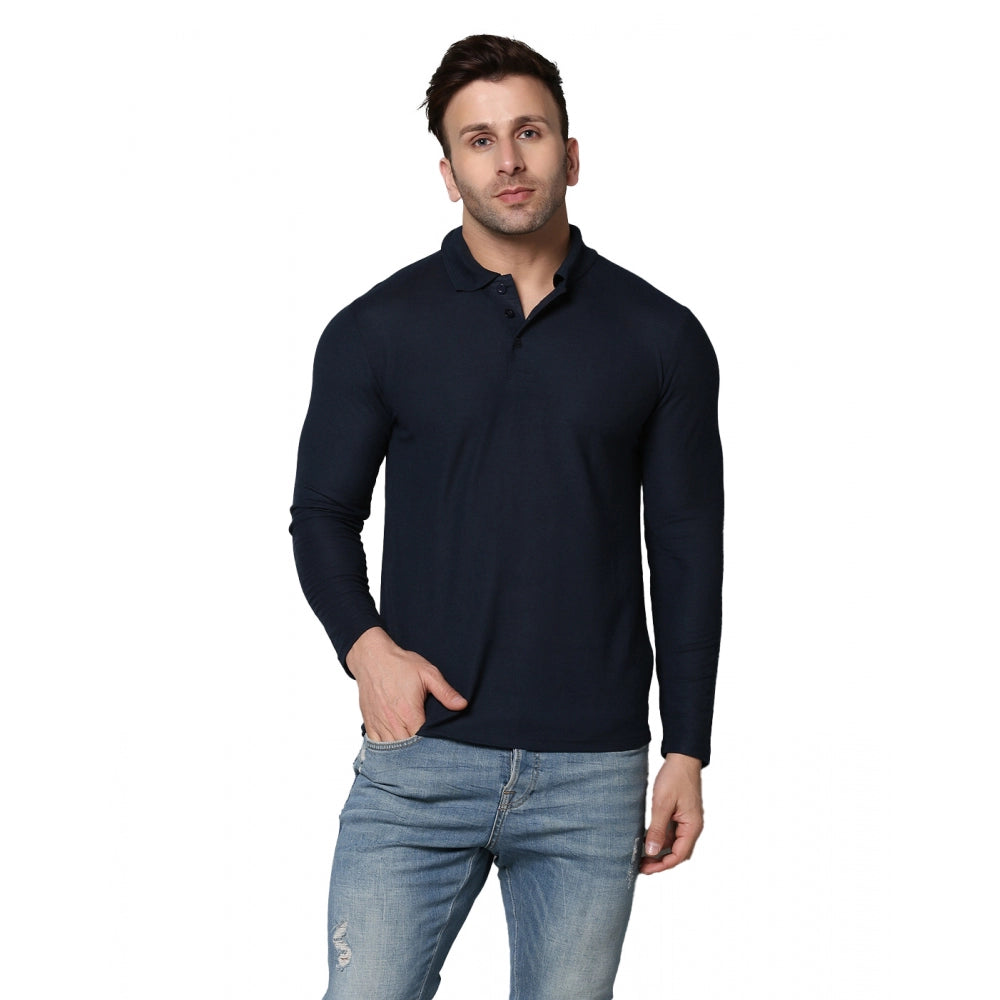 Generic Men's Casual Full Sleeve Solid Cotton Blended Polo Neck T-shirt (Navy)