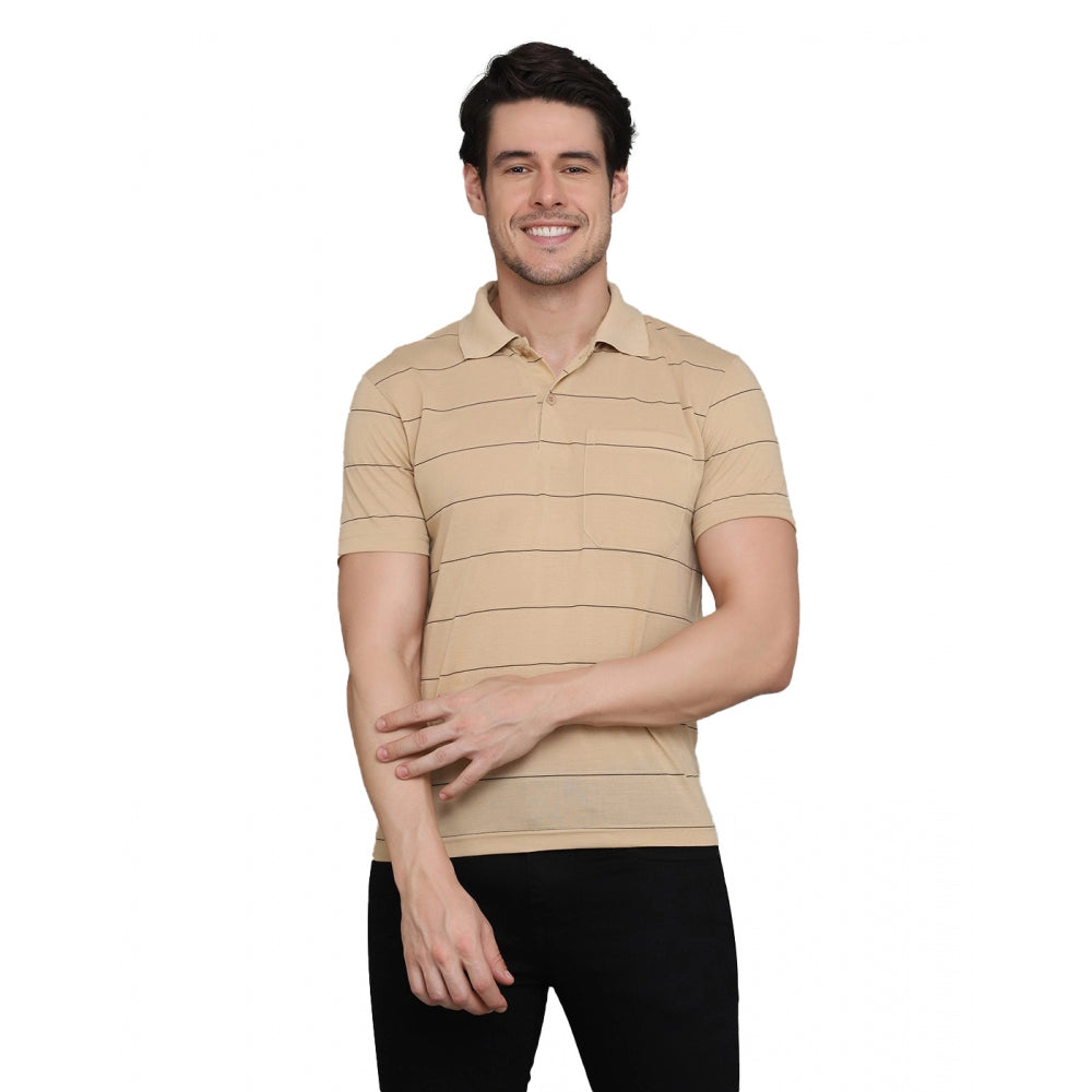 Generic Herren-T-Shirt mit halblangen Ärmeln und gestreiftem Polokragen aus Baumwollmischung (L.Beige)