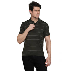 Generic Men's Casual Half Sleeve Striped Cotton Blended Polo Neck T-shirt (Green)