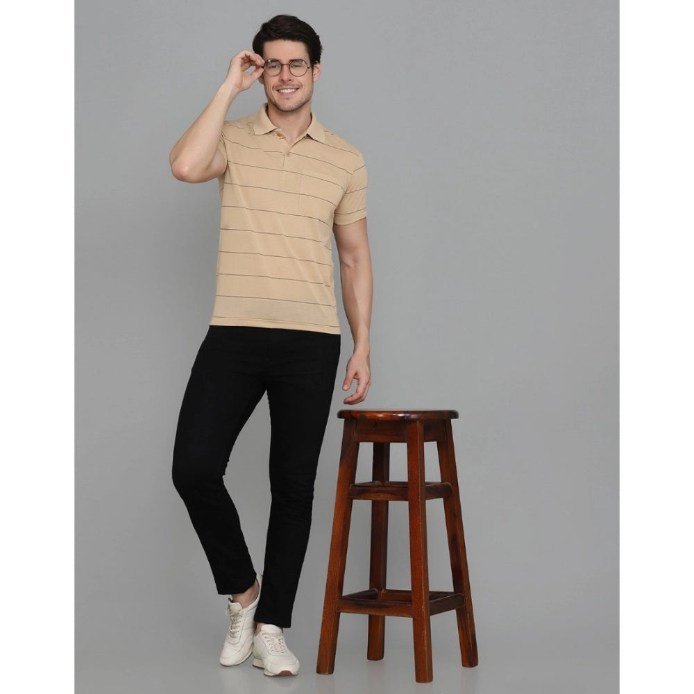 Generic Herren-T-Shirt mit halblangen Ärmeln und gestreiftem Polokragen aus Baumwollmischung (L.Beige)