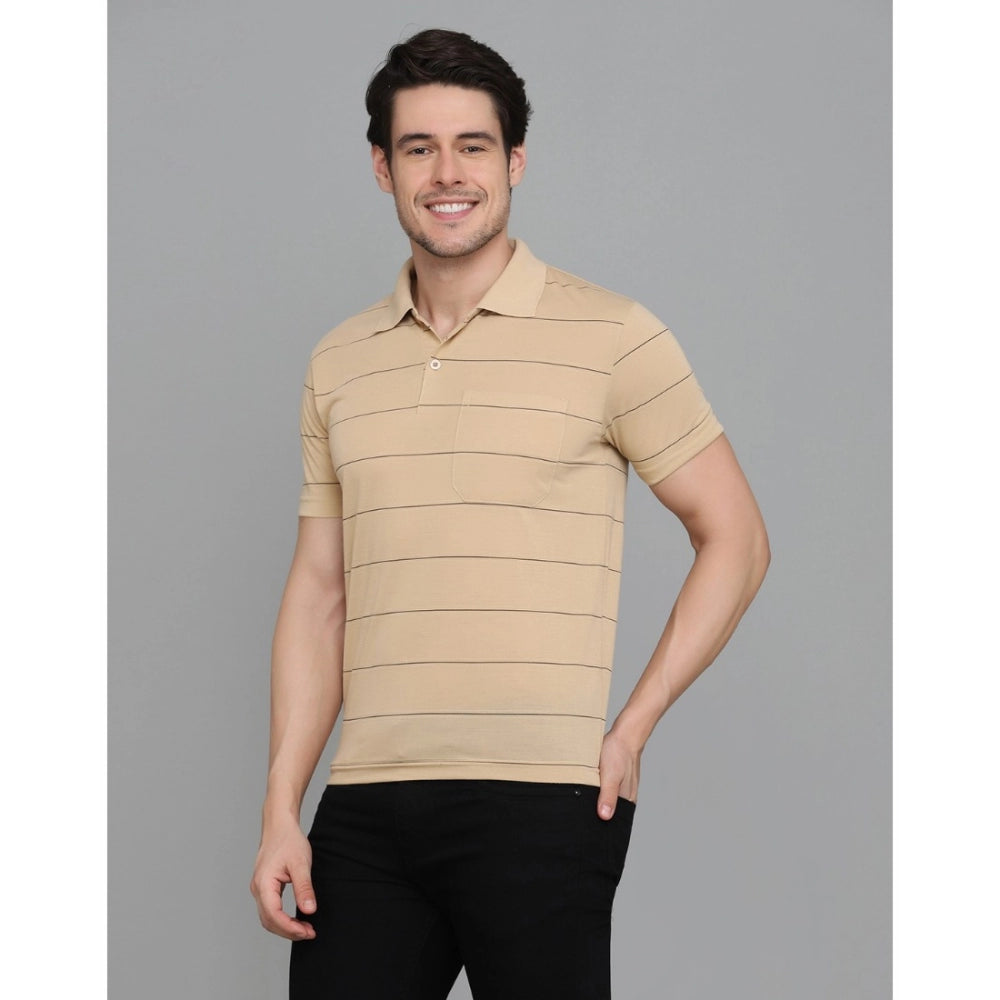 Generic Men's Casual Half Sleeve Striped Cotton Blended Polo Neck T-shirt (L.Beige)