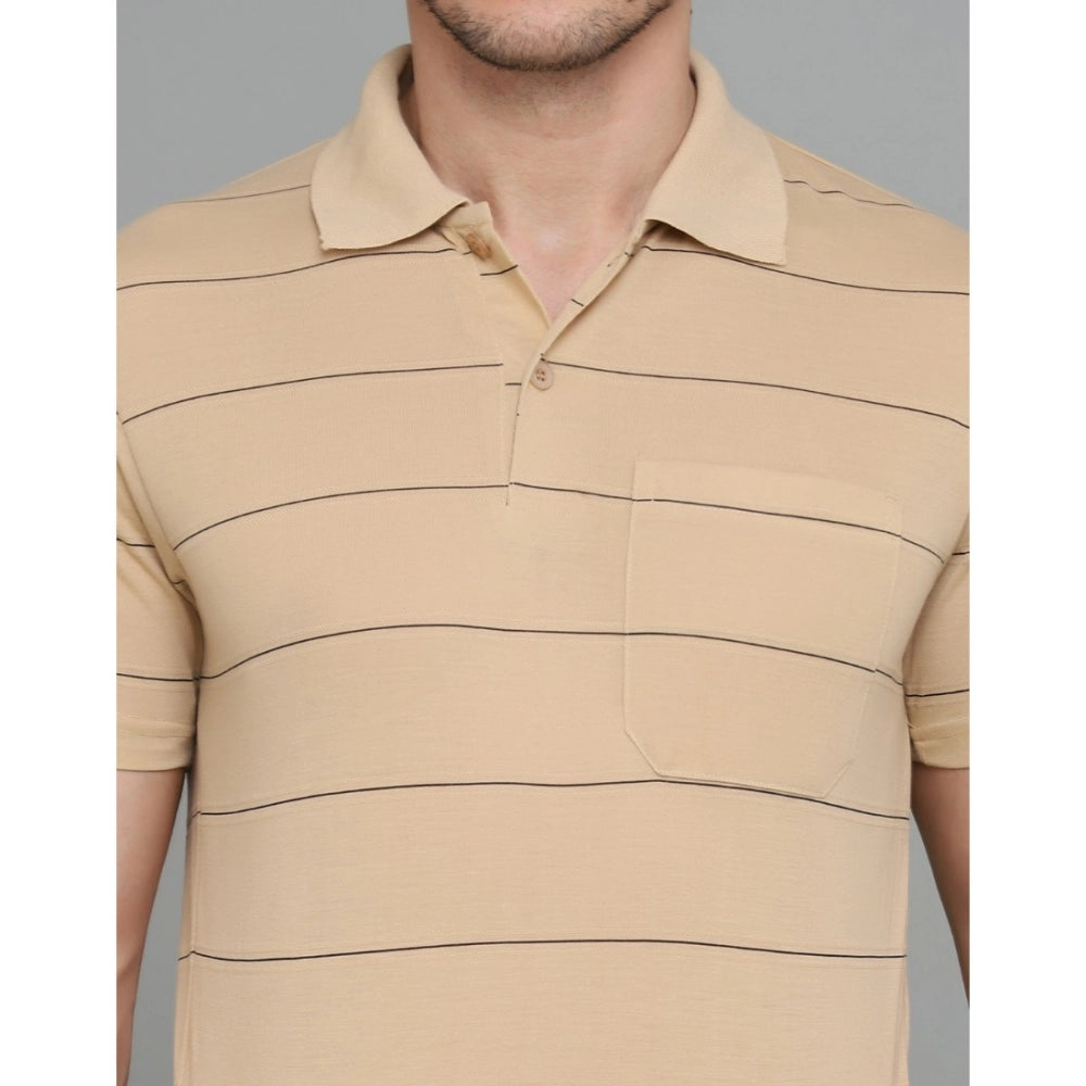 Generic Herren-T-Shirt mit halblangen Ärmeln und gestreiftem Polokragen aus Baumwollmischung (L.Beige)