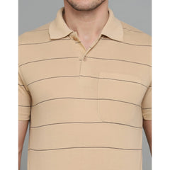 Generic Men's Casual Half Sleeve Striped Cotton Blended Polo Neck T-shirt (L.Beige)