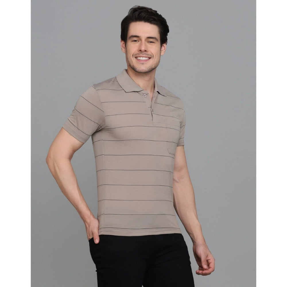 Generic Men's Casual Half Sleeve Striped Cotton Blended Polo Neck T-shirt (Beige)