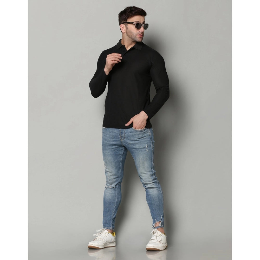 Generic Men's Casual Full Sleeve Solid Cotton Blended Polo Neck T-shirt (Black)