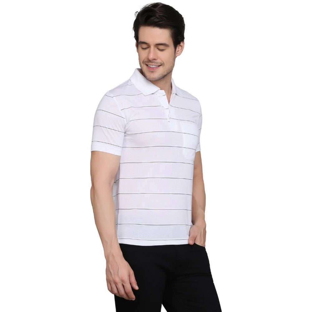 Generic Men's Casual Half Sleeve Striped Cotton Blended Polo Neck T-shirt (White)