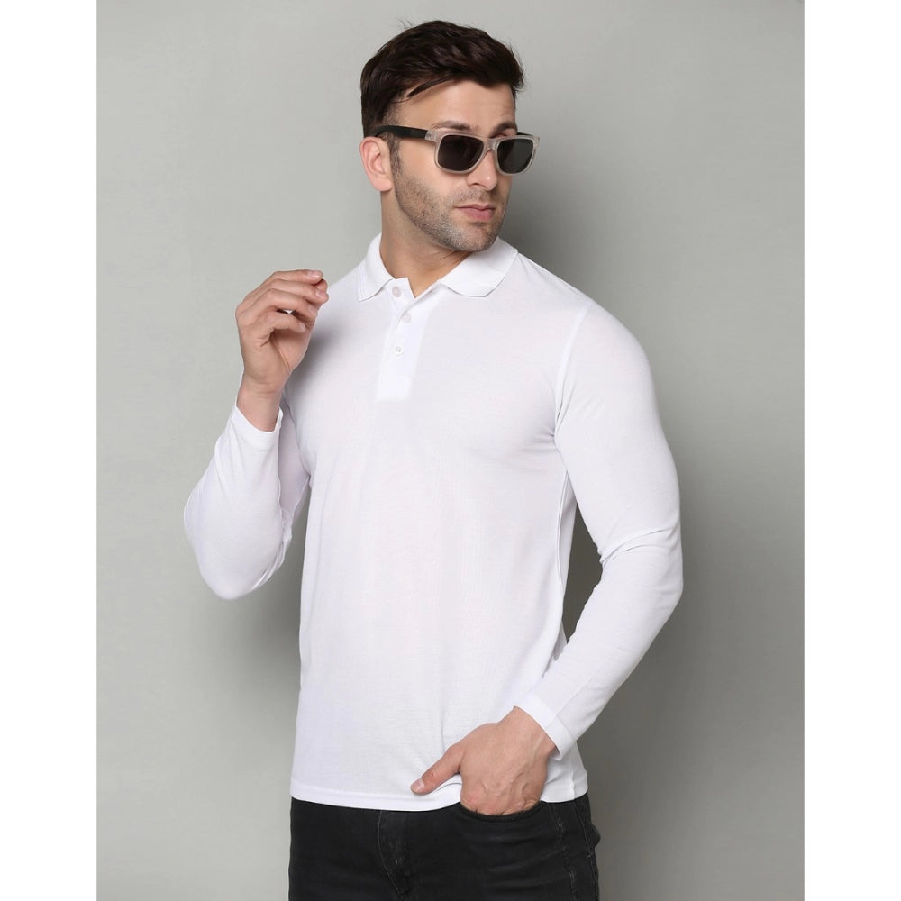 Generic Men's Casual Full Sleeve Solid Cotton Blended Polo Neck T-shirt (White)