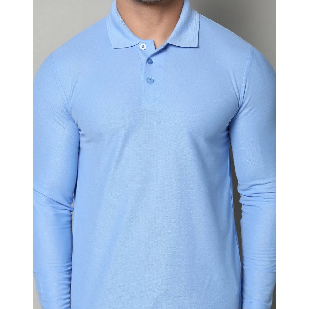 Generic Men's Casual Full Sleeve Solid Cotton Blended Polo Neck T-shirt (Sky)