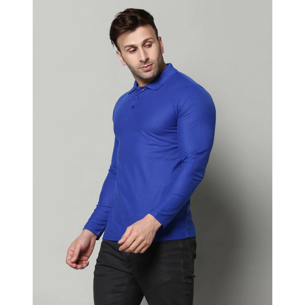 Generisches Herren-T-Shirt mit langem Arm, einfarbig, Polokragen, aus Baumwollmischung (Royalblau)