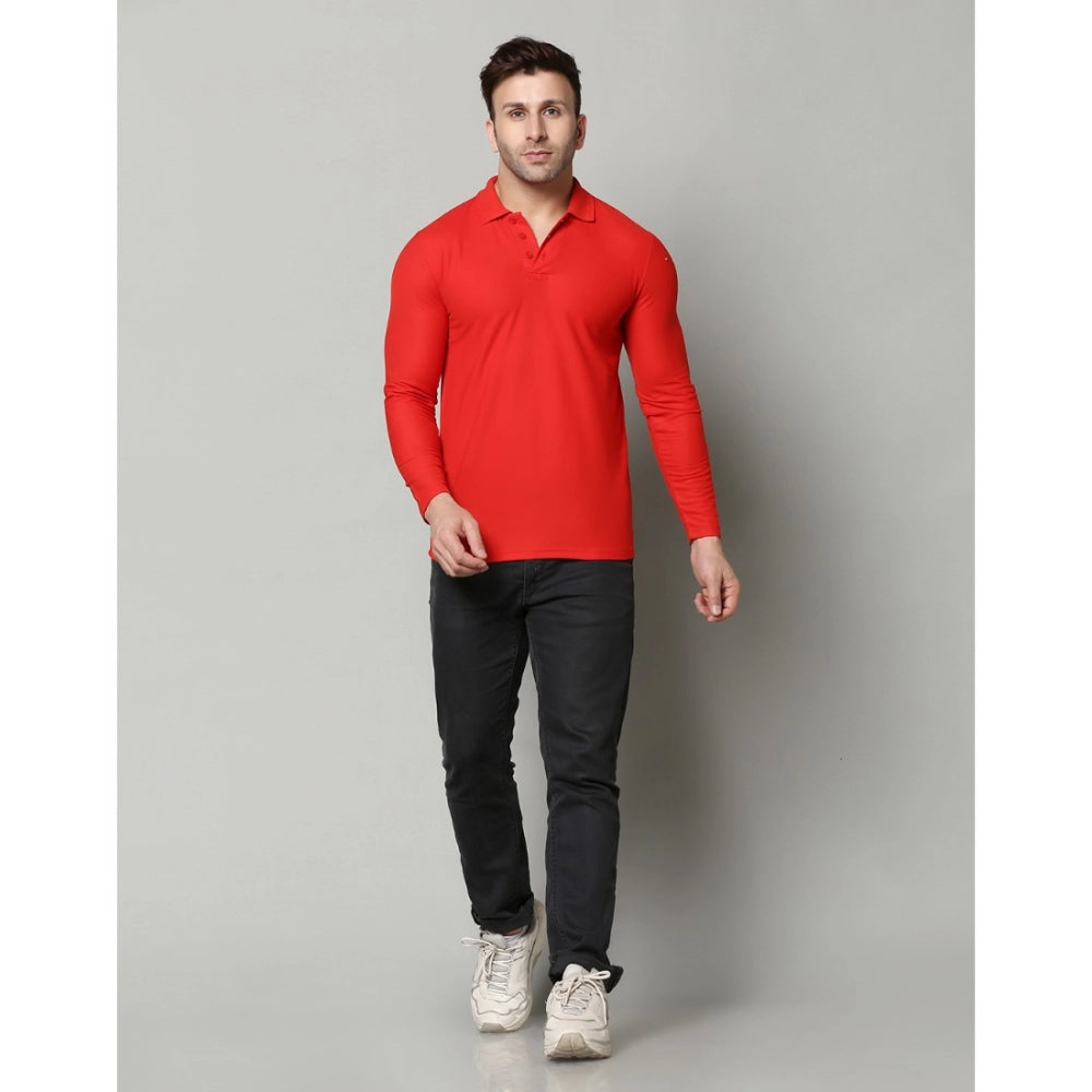 Generic Men's Casual Full Sleeve Solid Cotton Blended Polo Neck T-shirt (Red)