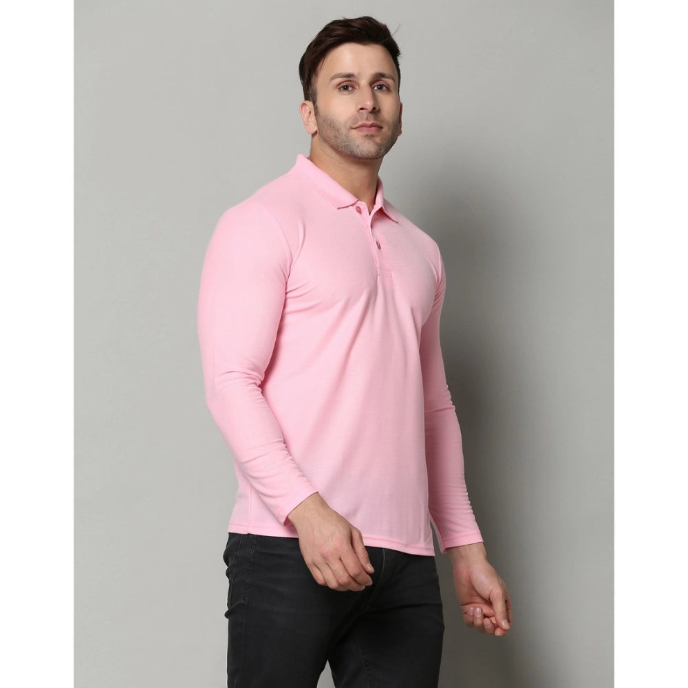 Generic Herren-T-Shirt mit langen Ärmeln und Polokragen aus massiver Baumwollmischung (Rosa)