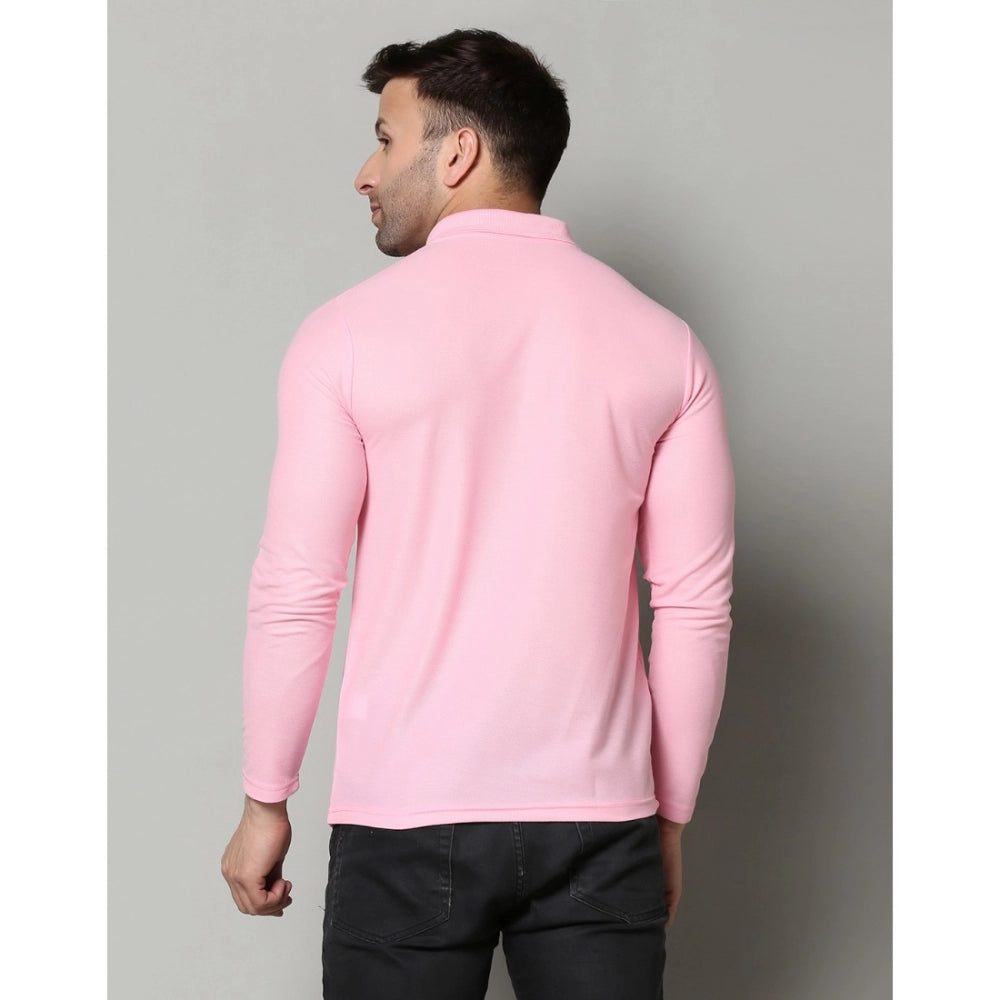 Generic Men's Casual Full Sleeve Solid Cotton Blended Polo Neck T-shirt (Pink)