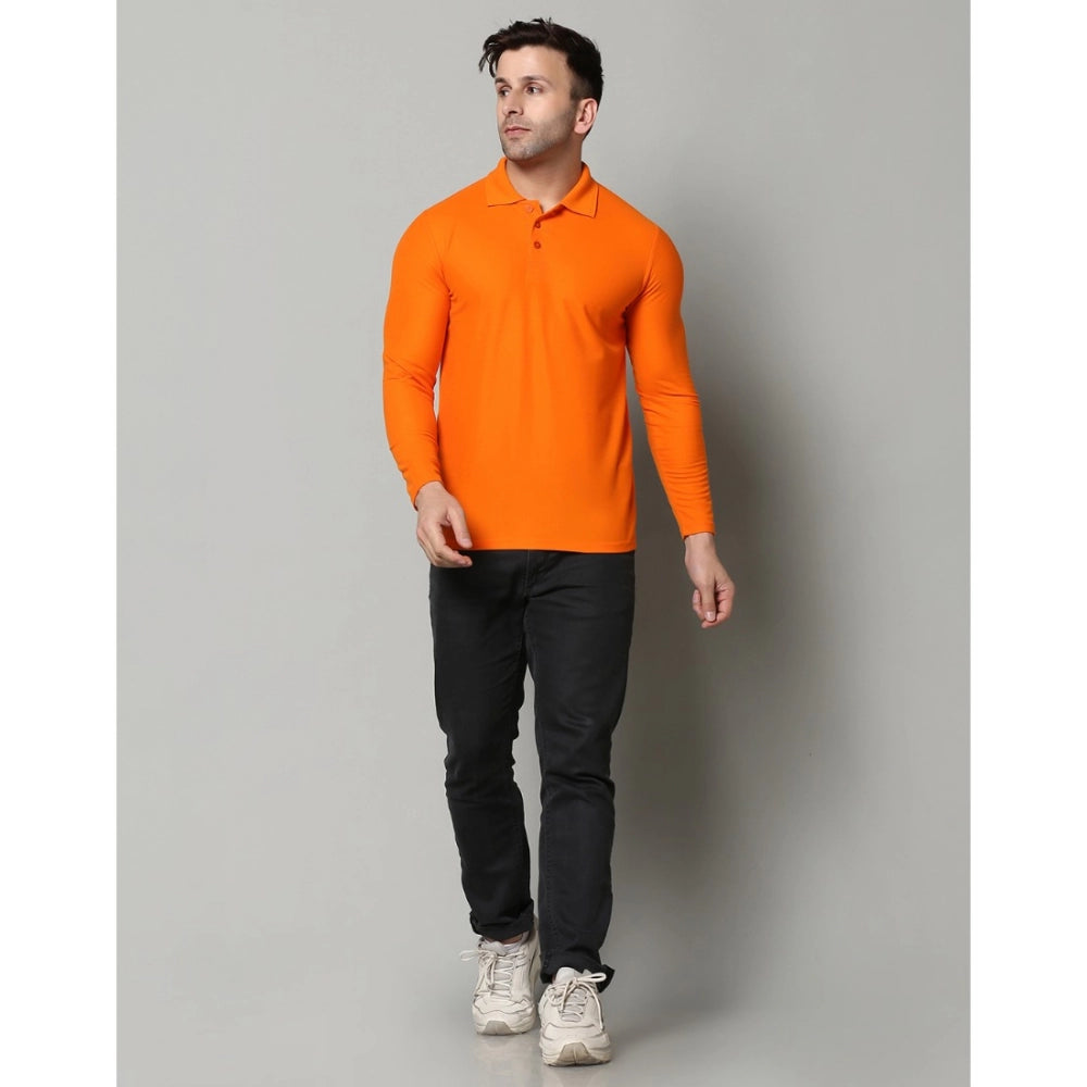 Generic Men's Casual Full Sleeve Solid Cotton Blended Polo Neck T-shirt (Orange)