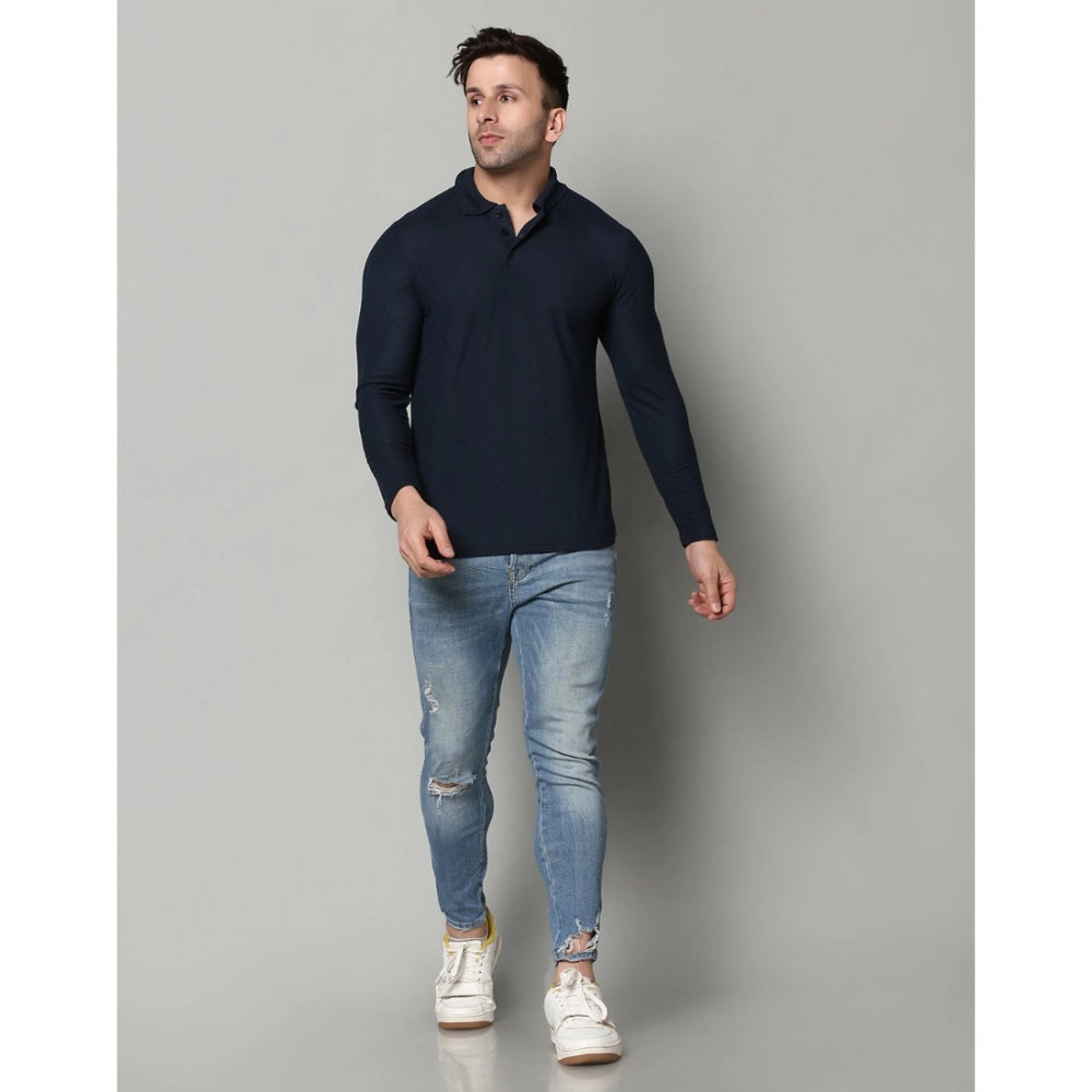 Generic Men's Casual Full Sleeve Solid Cotton Blended Polo Neck T-shirt (Navy)