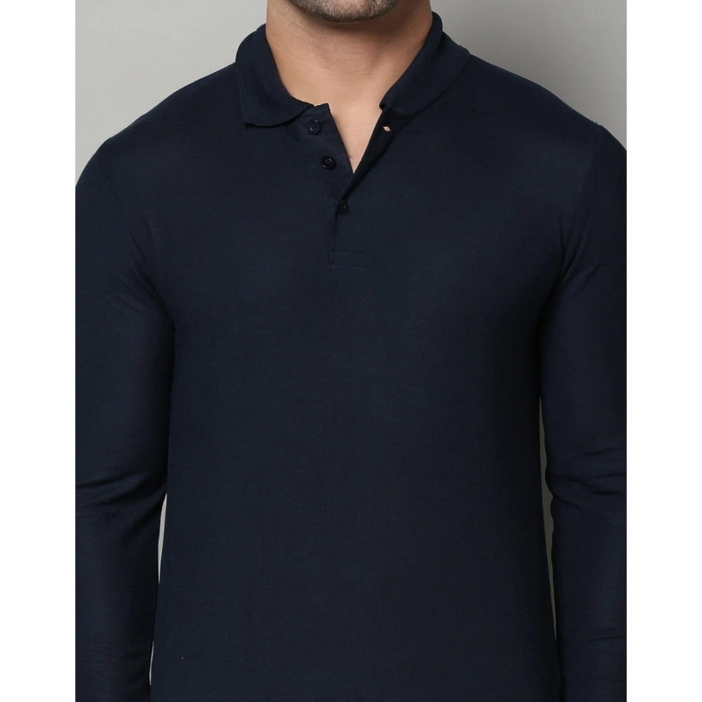 Generic Men's Casual Full Sleeve Solid Cotton Blended Polo Neck T-shirt (Navy)