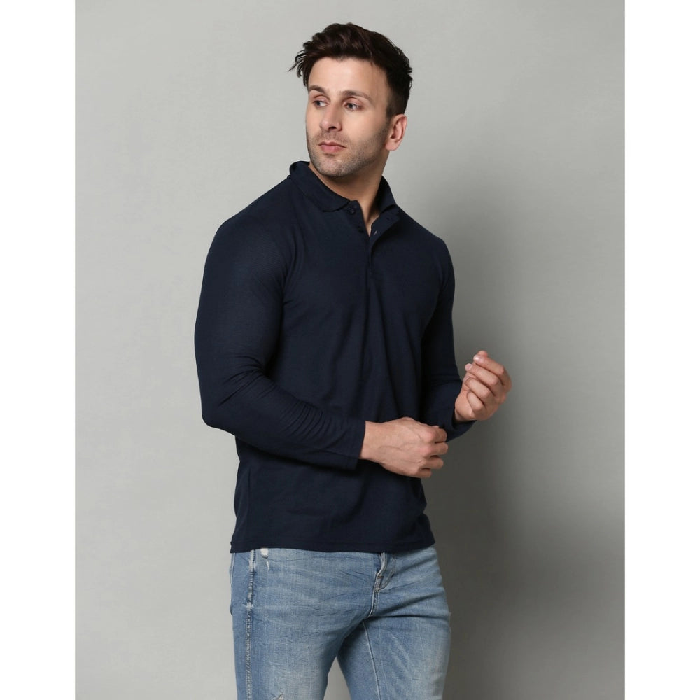 Generic Men's Casual Full Sleeve Solid Cotton Blended Polo Neck T-shirt (Navy)