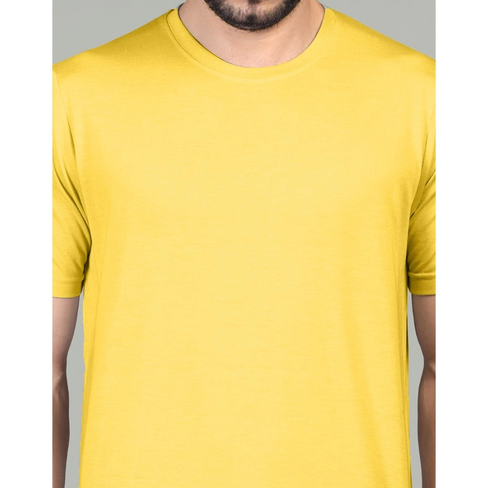 Generic Men's Casual Half Sleeve Solid Cotton Blended Round Neck T-shirt (Yellow)