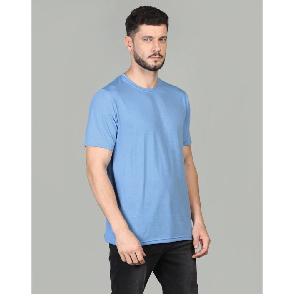 Generic Men's Casual Half Sleeve Solid Cotton Blended Round Neck T-shirt (Sky)