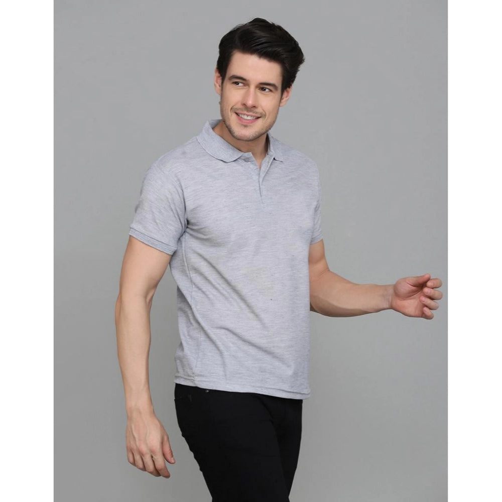 Generic Men's Casual Half Sleeve Solid Cotton Blended Polo Neck T-shirt (Grey)