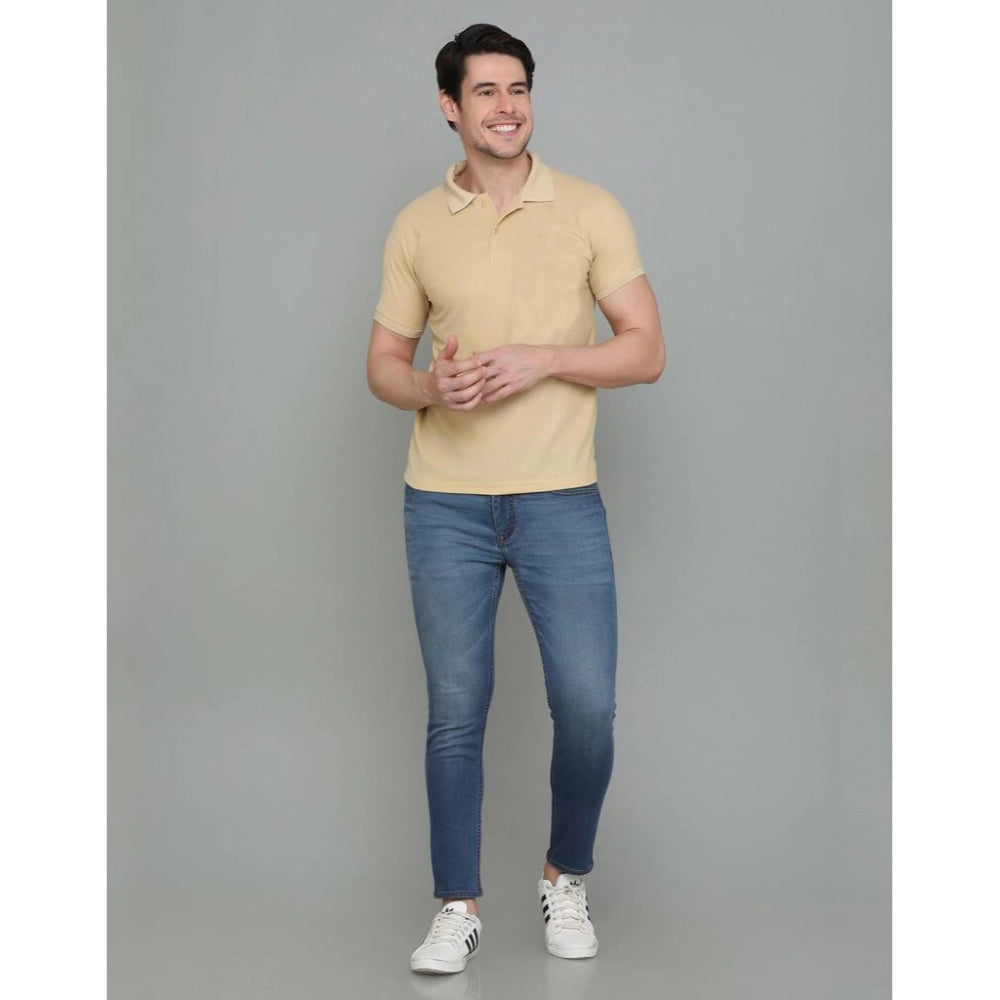 Generic Men's Casual Half Sleeve Solid Cotton Blended Polo Neck T-shirt (Beige)