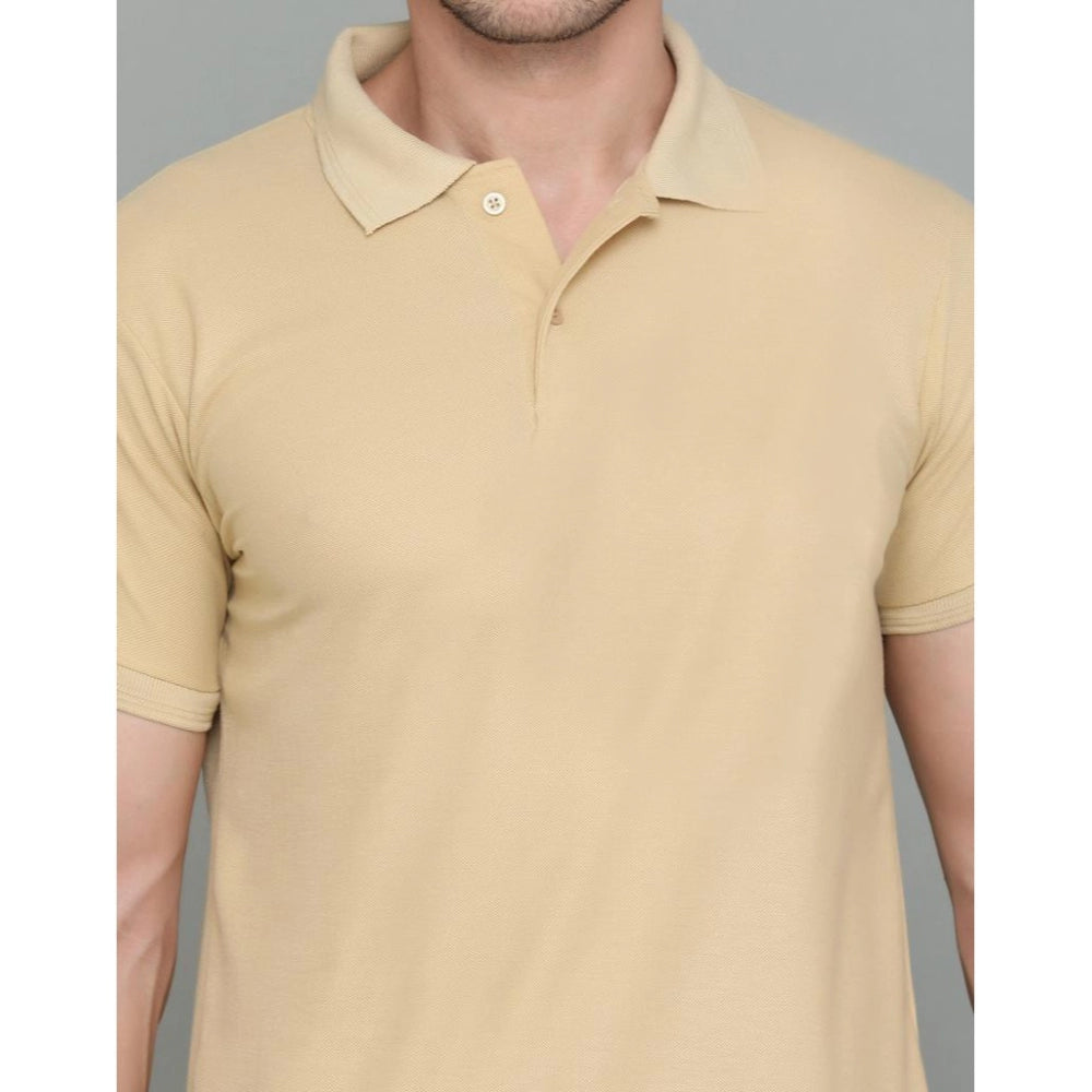 Generic Men's Casual Half Sleeve Solid Cotton Blended Polo Neck T-shirt (Beige)