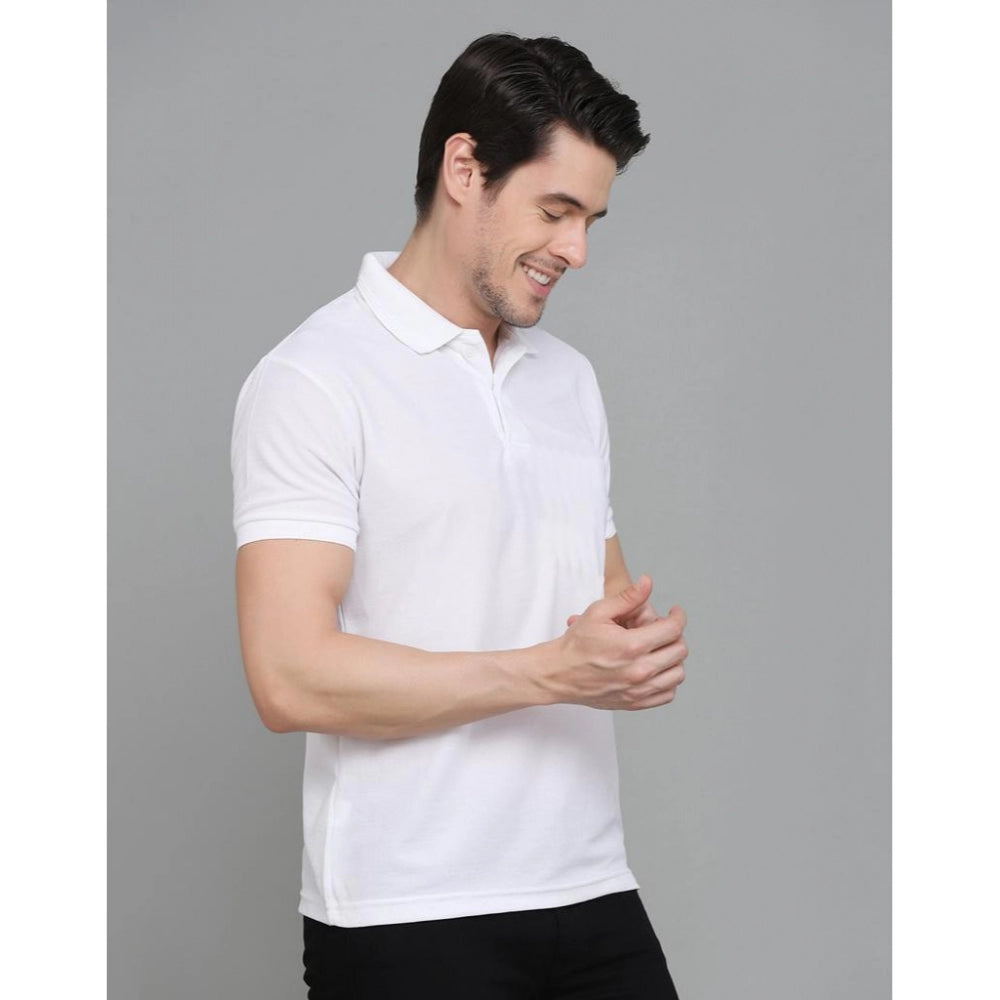 Generic Men's Casual Half Sleeve Solid Cotton Blended Polo Neck T-shirt (White)