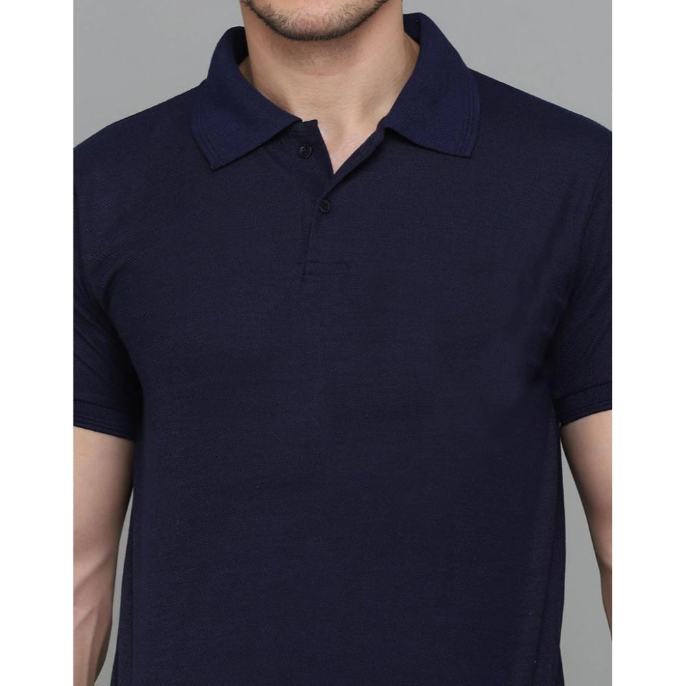 Generic Men's Casual Half Sleeve Solid Cotton Blended Polo Neck T-shirt (Navy Blue)