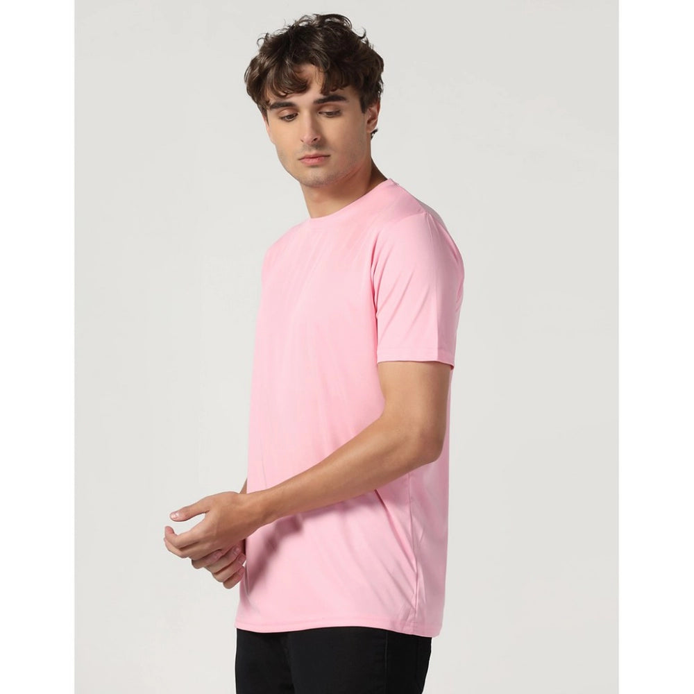 Generic Men's Casual Half Sleeve Solid Polyester Round Neck T-shirt (Pink)