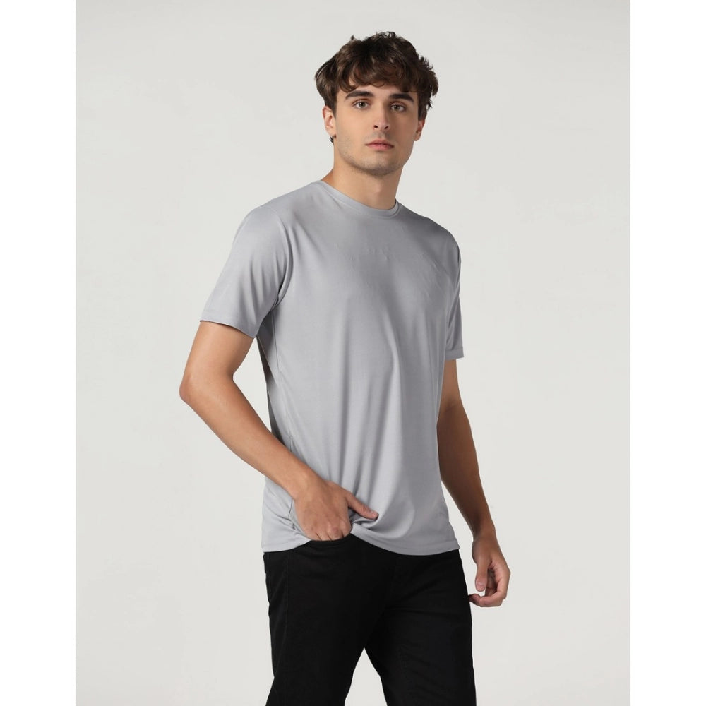 Generic Men's Casual Half Sleeve Solid Polyester Round Neck T-shirt (Lgrey)