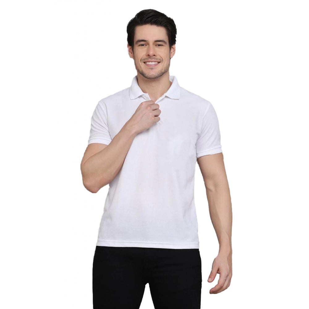 Generic Men's Casual Half Sleeve Solid Cotton Blended Polo Neck T-shirt (White)