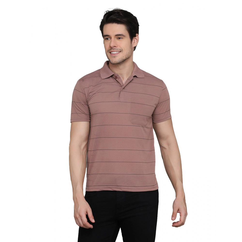 Generic Men's Casual Half Sleeve Striped Cotton Blended Polo Neck T-shirt (Pink)