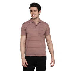 Generic Men's Casual Half Sleeve Striped Cotton Blended Polo Neck T-shirt (Pink)