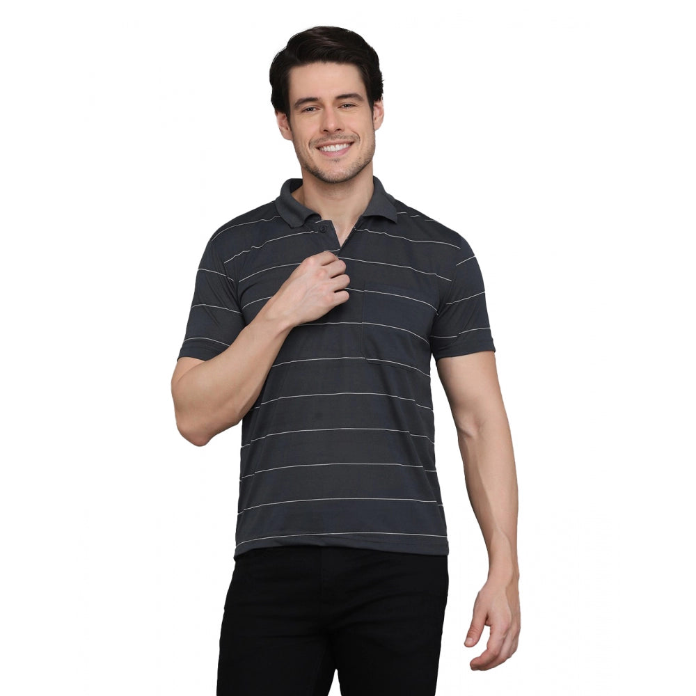 Generic Men's Casual Half Sleeve Striped Cotton Blended Polo Neck T-shirt (Grey)