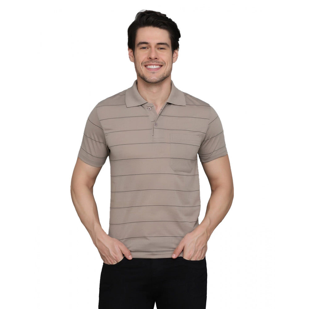 Generic Herren-T-Shirt mit halblangen Ärmeln, gestreift, aus Baumwollmischung, Polokragen (Beige)