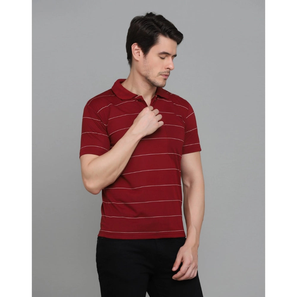 Generic Men's Casual Half Sleeve Striped Cotton Blended Polo Neck T-shirt (Maroon)