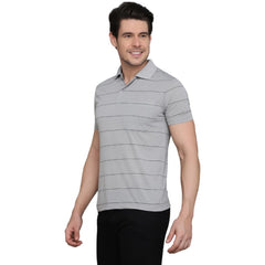 Generic Men's Casual Half Sleeve Striped Cotton Blended Polo Neck T-shirt (L.Grey)