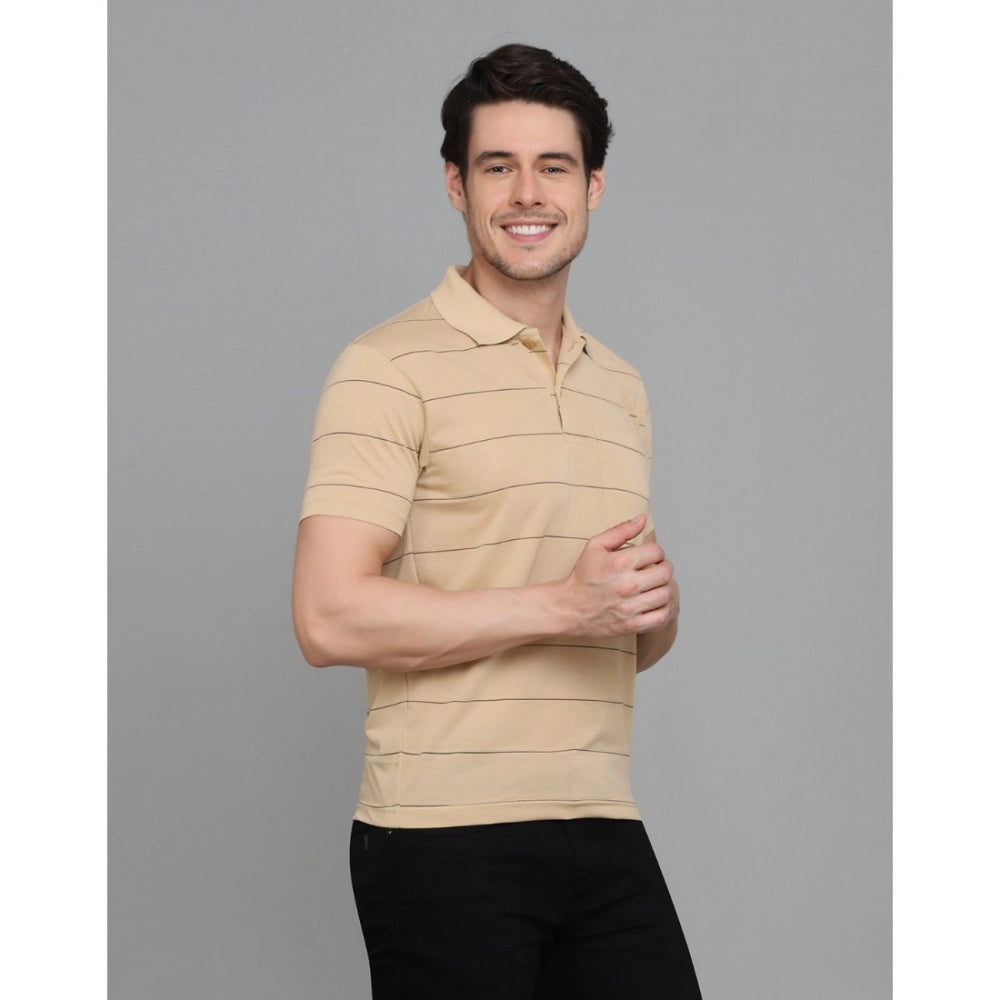 Generic Men's Casual Half Sleeve Striped Cotton Blended Polo Neck T-shirt (L.Beige)