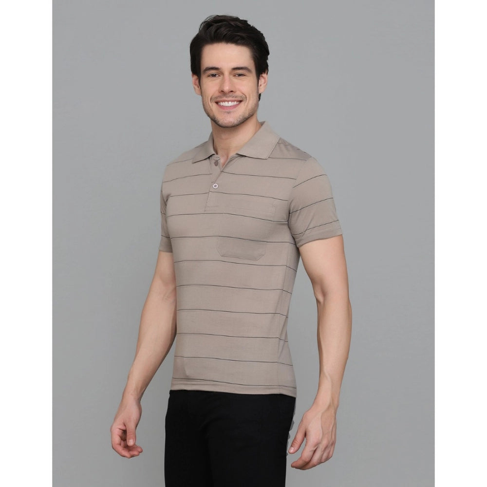 Generic Herren-T-Shirt mit halblangen Ärmeln, gestreift, aus Baumwollmischung, Polokragen (Beige)