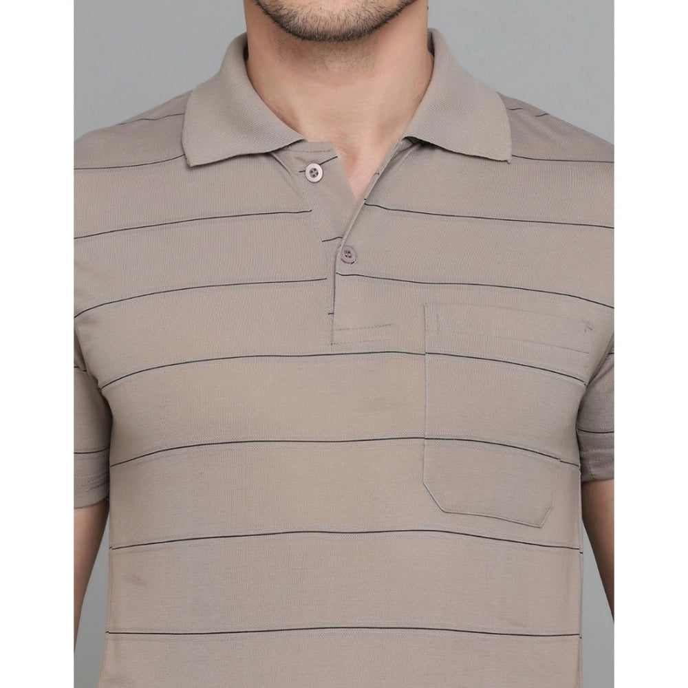 Generic Herren-T-Shirt mit halblangen Ärmeln, gestreift, aus Baumwollmischung, Polokragen (Beige)