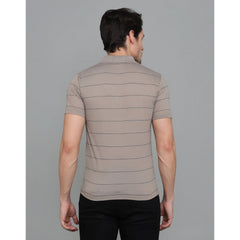 Generic Men's Casual Half Sleeve Striped Cotton Blended Polo Neck T-shirt (Beige)