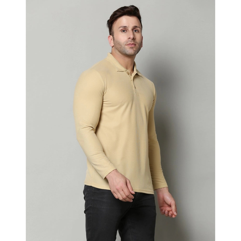 Generic Men's Casual Full Sleeve Solid Cotton Blended Polo Neck T-shirt (Beige)