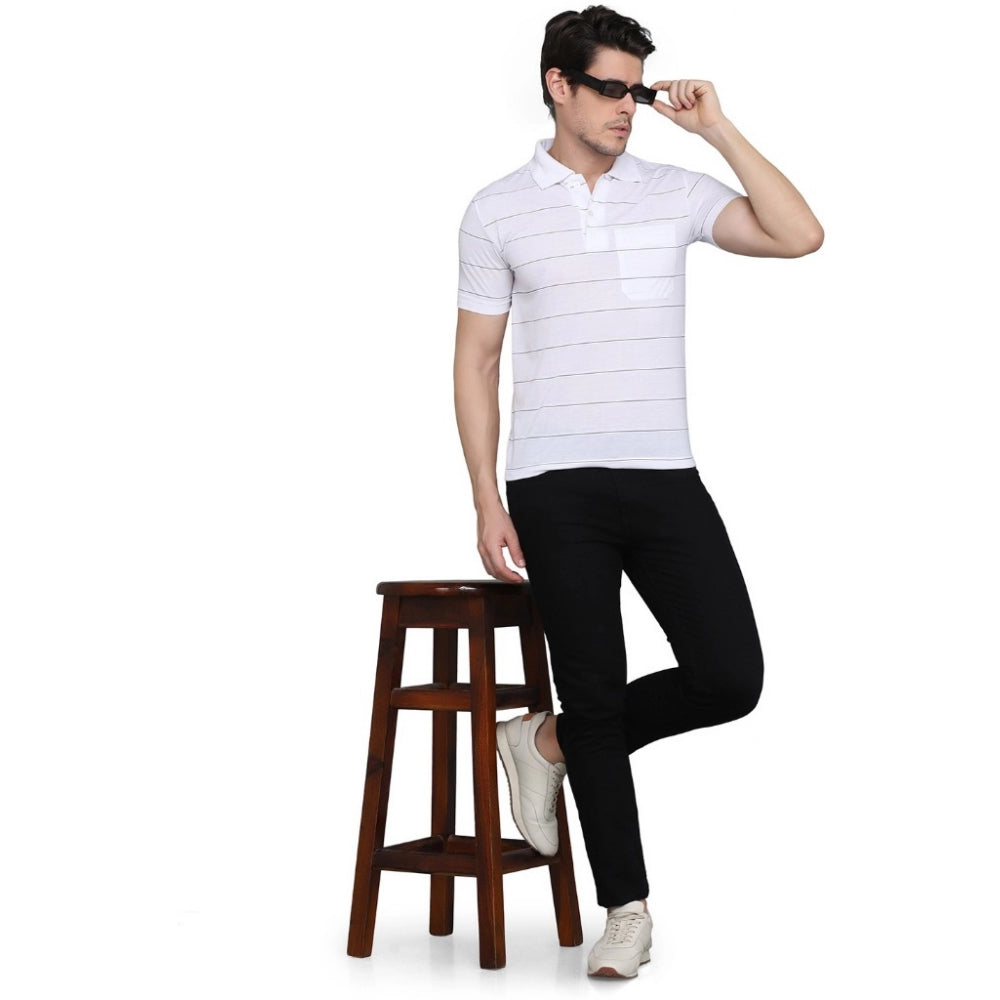 Generic Men's Casual Half Sleeve Striped Cotton Blended Polo Neck T-shirt (White)