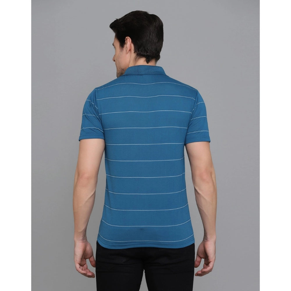 Generic Men's Casual Half Sleeve Striped Cotton Blended Polo Neck T-shirt (Teel Blue)