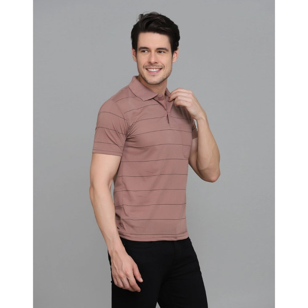 Generic Men's Casual Half Sleeve Striped Cotton Blended Polo Neck T-shirt (Pink)