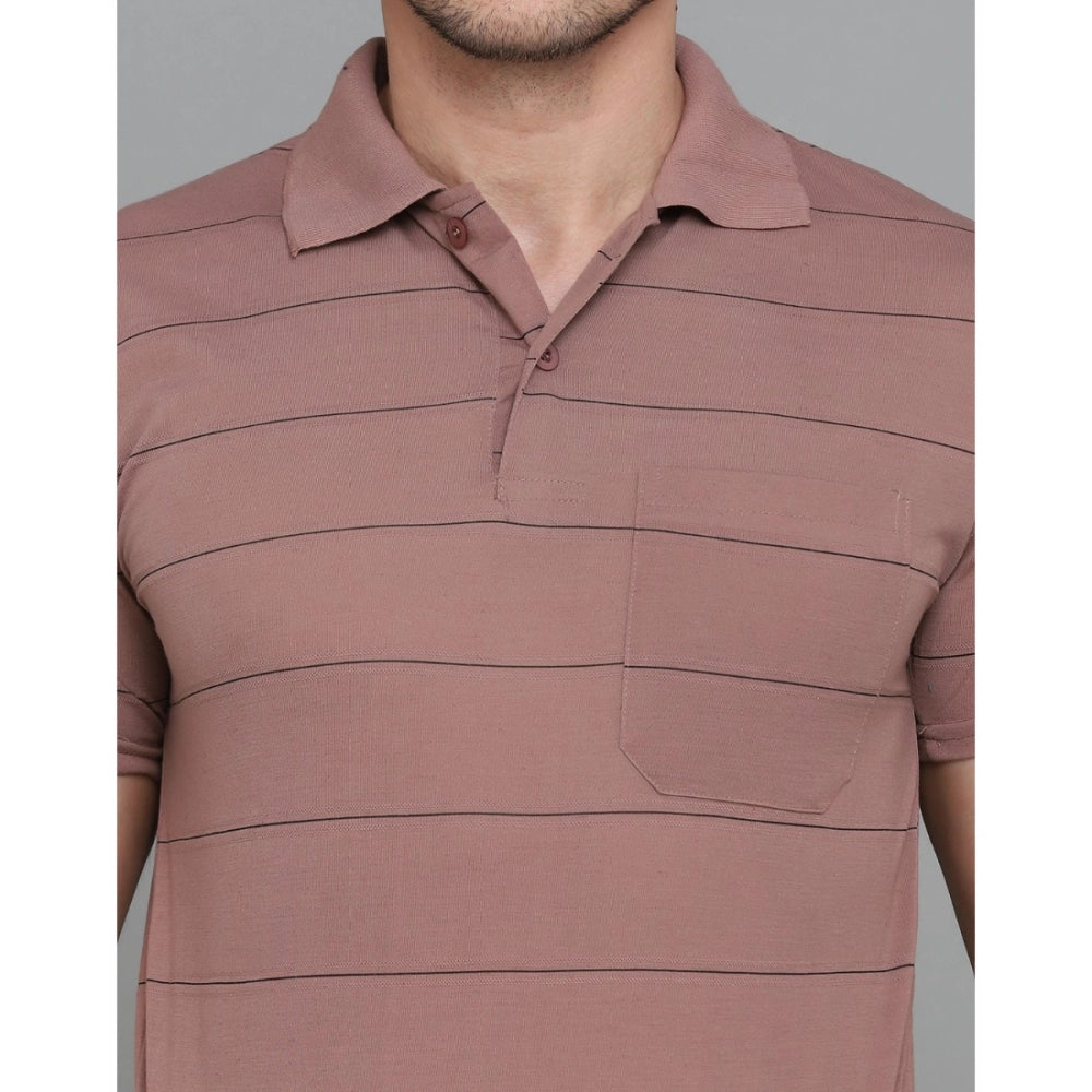 Generic Men's Casual Half Sleeve Striped Cotton Blended Polo Neck T-shirt (Pink)