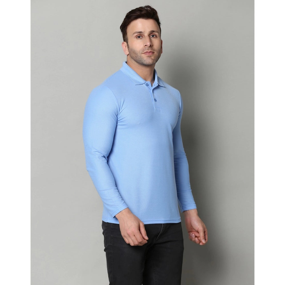 Generic Men's Casual Full Sleeve Solid Cotton Blended Polo Neck T-shirt (Sky)