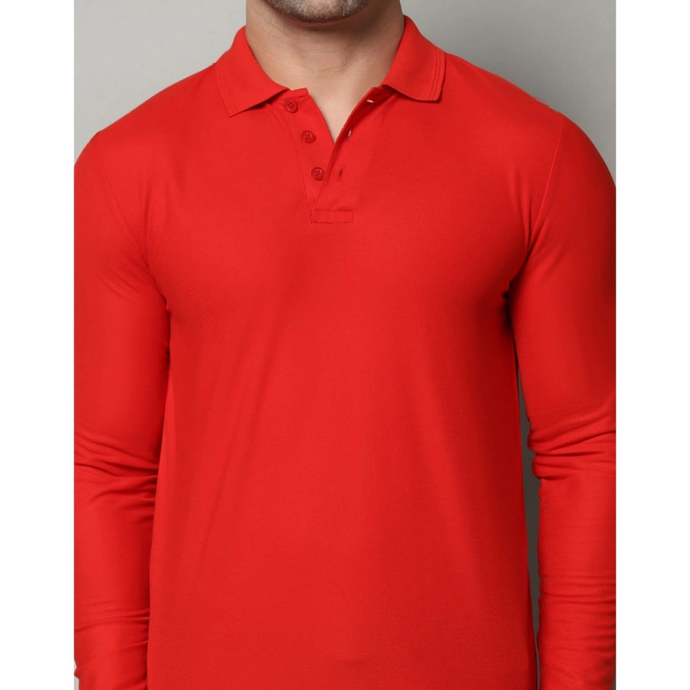 Generic Men's Casual Full Sleeve Solid Cotton Blended Polo Neck T-shirt (Red)