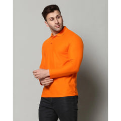 Generic Men's Casual Full Sleeve Solid Cotton Blended Polo Neck T-shirt (Orange)