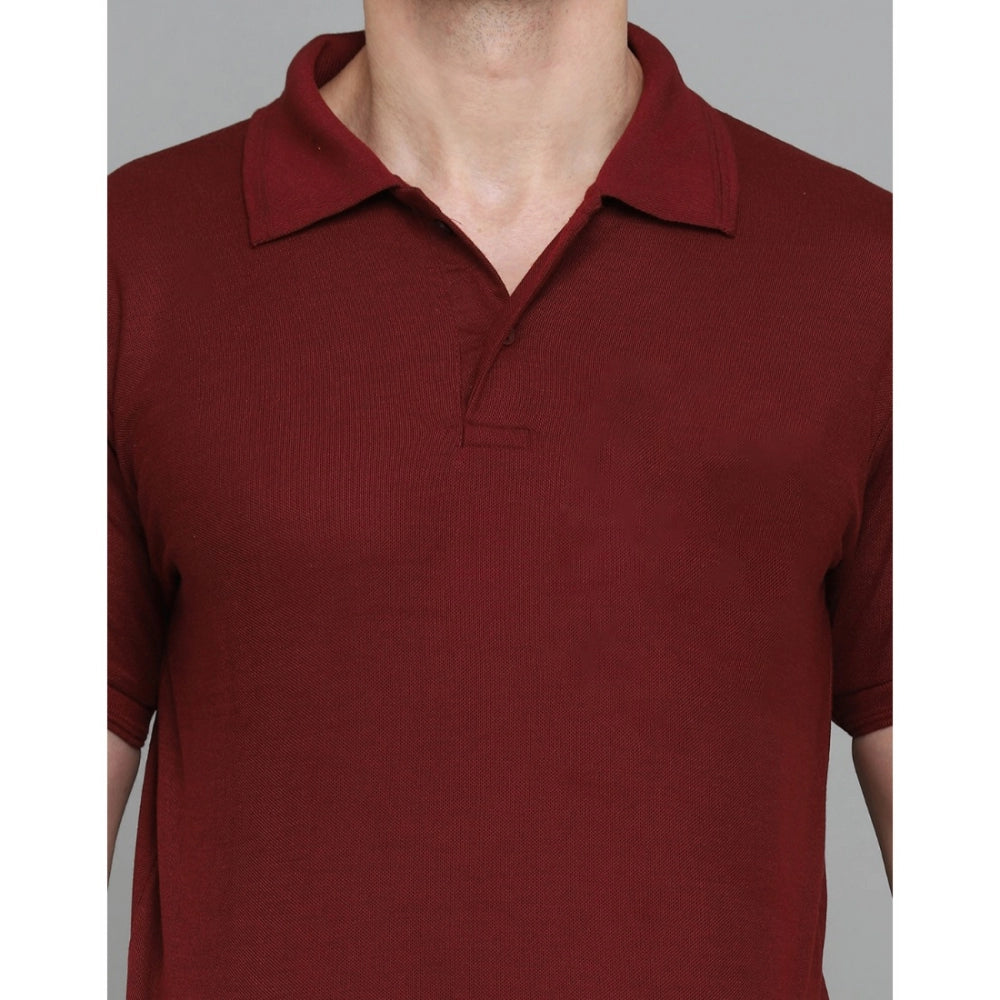 Generic Men's Casual Half Sleeve Solid Cotton Blended Polo Neck T-shirt (Maroon)