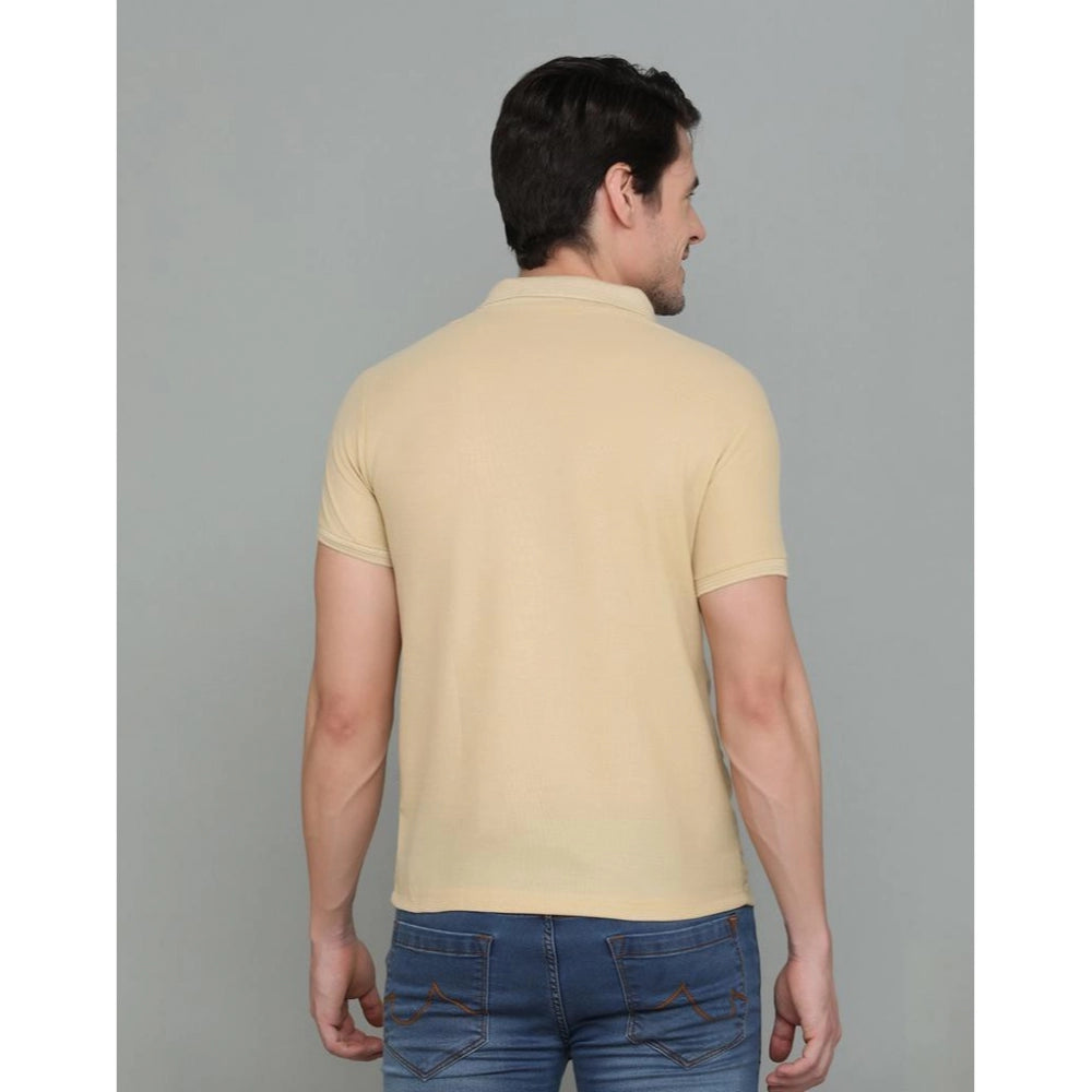 Generic Men's Casual Half Sleeve Solid Cotton Blended Polo Neck T-shirt (Beige)